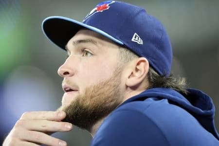 Toronto Blue Jays pitcher Trey Yesavage (39) looks on before game six of the 2025 MLB World Series against the Los Angeles Dodgers at Rogers Centre.