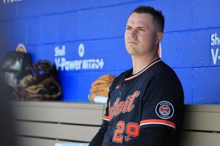 Detroit Tigers starting pitcher Tarik Skubal (29) looks on from the dugout during the first inning against the Toronto Blue Jays at TD Ballpark.