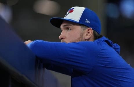 Toronto Blue Jays pitcher Trey Yesavage (39) in the dugout in the sixth inning against the Seattle Mariners during game seven of the ALCS round for the 2025 MLB playoffs at Rogers Centre.