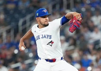 Toronto Blue Jays starting pitcher Jose Berrios (17) throws a pitch against the Texas Rangers during the first inning at Rogers Centre.