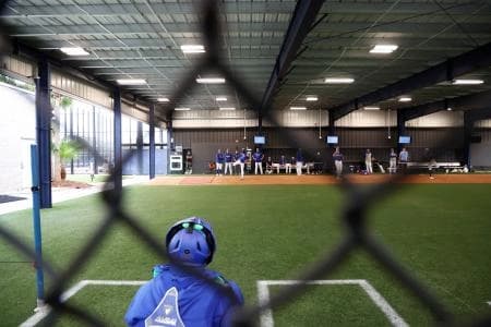 Toronto Blue Jays pitcher Trey Yesavage (39) throws a bullpen session for spring training practice at Blue Jays Player Development Complex.