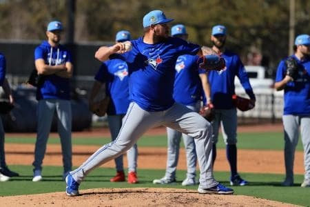 Toronto Blue Jays pitcher Yariel Rodriguez (29) works out during spring training practice at Player Development Complex.