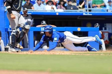 Toronto Blue Jays outfielder Eddie Micheletti Jr. scores a run during the fifth inning against the New York Yankees at TD Ballpark.