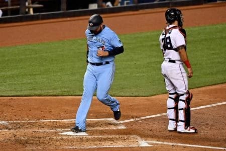 Toronto Blue Jays first baseman Rowdy Tellez (44) scores a run in the 4th inning against the Miami Marlins at Marlins Park.