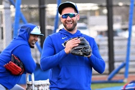 Toronto Blue Jays special assistant/outfield specialist Kevin Kiermaier watches players run the bases during spring training at Cecil B. Englebert Complex.