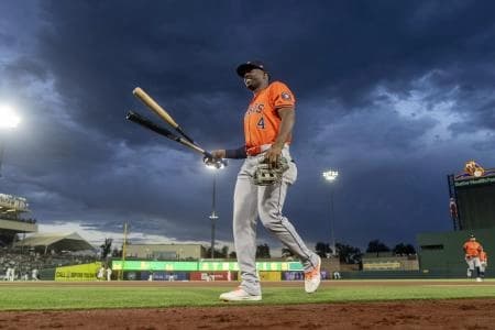 Houston Astros left fielder Jesus Sanchez (4) walks towards the dugout before the start of the game against the Athletics at Sutter Health Park.
