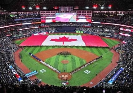 A general view of the Rogers Centre during the national anthem before the start of the opening day game between the Toronto Blue Jays and the Baltimore Orioles.