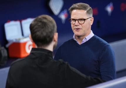 Toronto Blue Jays Executive Vice President Baseball Operations General Manager Ross Atkins speaks to the media during batting practice against the New York Yankees at Rogers Centre.