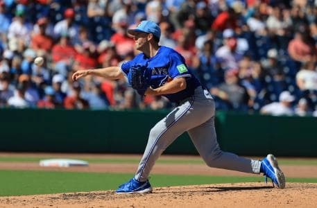Toronto Blue Jays pitcher Chase Lee (52) throws a pitch during the fifth inning against the Philadelphia Phillies at BayCare Ballpark.