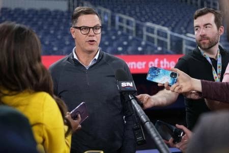 Toronto Blue Jays general manager Ross Atkins addresses the media before a game against the Tampa Bay Rays at Rogers Centre.