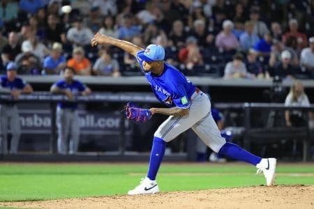 Toronto Blue Jays pitcher Jorge Alcala (65) throws a pitch during the fifth inning against the New York Yankees at George M. Steinbrenner Field.