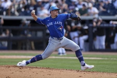 Toronto Blue Jays pitcher Ryan Jennings (70) throws a pitch against the New York Yankees in the fifth inning during spring training at George M. Steinbrenner Field.