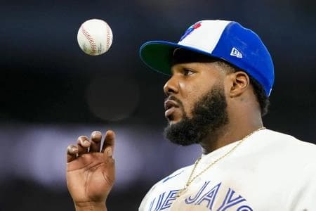 Toronto Blue Jays first baseman Vladimir Guerrero Jr. (27) looks on against the Athletics during the eighth inning at Rogers Centre.