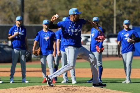 Toronto Blue Jays pitcher Angel Bastardo (99) works out during spring training practice at Player Development Complex
