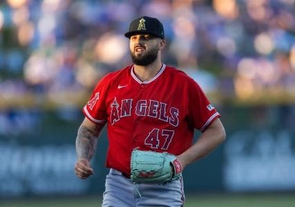 Los Angeles Angels pitcher Alek Manoah against the Chicago Cubs during a spring training game at Sloan Park.