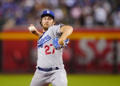 Los Angeles Dodgers pitcher Trevor Bauer in the fifth inning against the Arizona Diamondbacks at Chase Field.