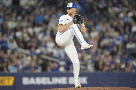 Toronto Blue Jays starting pitcher Eric Lauer (56) pitches to the Athletics during the third inning at Rogers Centre.
