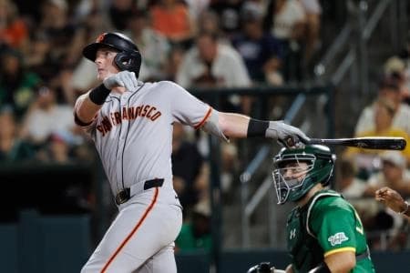 San Francisco Giants second baseman Tyler Fitzgerald (49) hits a one run home run during the eighth inning against the Athletics at Sutter Health Park.