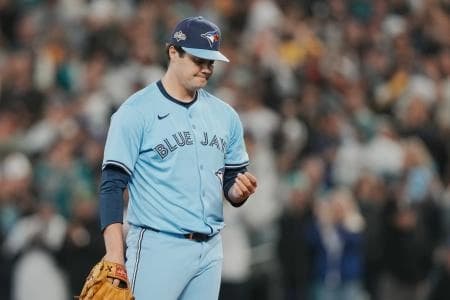 Toronto Blue Jays pitcher Brendon Little (54) reacts after giving up a solo home run to Seattle Mariners catcher Cal Raleigh (not pictured) in the eighth inning during game five of the ALCS round for the 2025 MLB playoffs at T-Mobile Park.