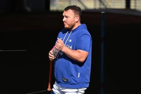 Toronto Blue Jays catcher Alejandro Kirk (30) takes a break during spring training at the Bobby Mattick Training Center at Englebert Complex.