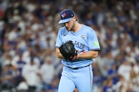 Toronto Blue Jays pitcher Trey Yesavage (39) walks off the mound after the fourth inning against the Los Angeles Dodgers during game five of the 2025 MLB World Series at Dodger Stadium.