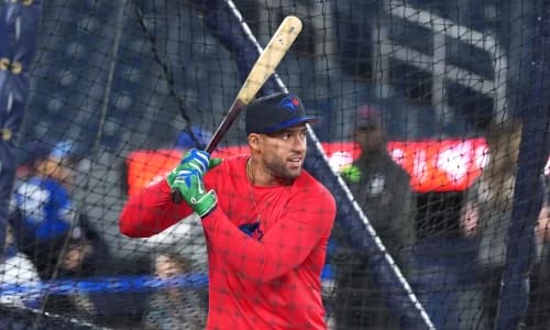 Toronto Blue Jays right fielder George Springer (4) takes batting practice before a game against the Minnesota Twins at Rogers Centre.