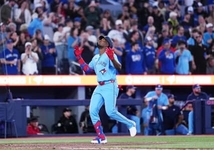Toronto Blue Jays left fielder Jesus Sanchez (12) celebrates hitting a two run home run against the Minnesota Twins during the ninth inning at Rogers Centre.