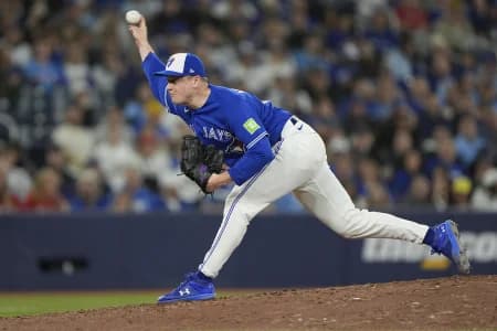 Toronto Blue Jays starting pitcher Louie Varland (77) pitches to the Minnesota Twins during the seventh inning at Rogers Centre.