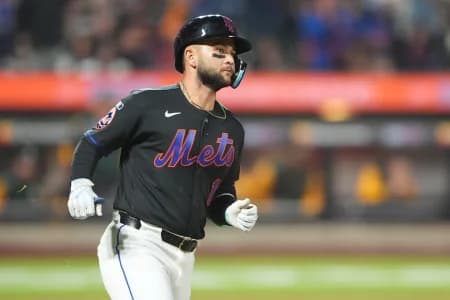 New York Mets designated hitter Bo Bichette (19) runs out a single against the Athletics during the sixth inning at Citi Field.