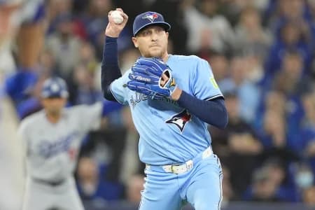 Toronto Blue Jays pitcher Jeff Hoffman (23) throws to first base to get out Los Angeles Dodgers third baseman Max Muncy (not pictured)during the ninth inning at Rogers Centre.