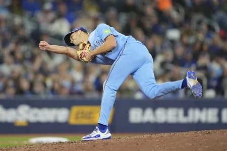 Toronto Blue Jays pitcher Tyler Rogers (71) pitches to the Colorado Rockies during the seventh inning at Rogers Centre.