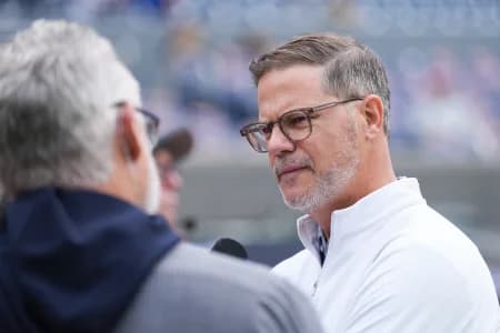 Toronto Blue Jays general manager Ross Atkins talks with the media during batting practice between the Toronto Blue Jays and Seattle Mariners before game two of the ALCS round for the 2025 MLB playoffs at Rogers Centre.