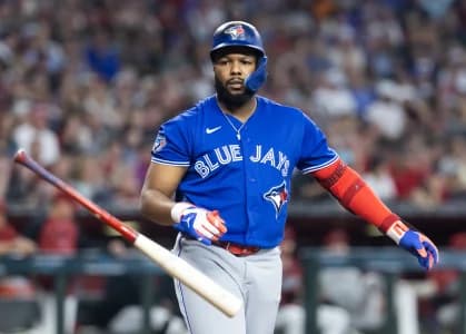 Toronto Blue Jays first baseman Vladimir Guerrero Jr. tosses his bat after striking out in the first inning against the Arizona Diamondbacks at Chase Field.