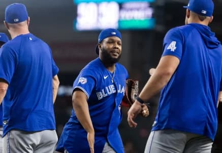 Toronto Blue Jays first baseman Vladimir Guerrero Jr. celebrates with teammates after defeating the Arizona Diamondbacks at Chase Field.