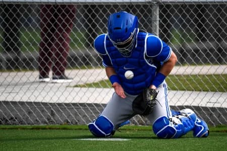 Toronto Blue Jays catcher Reese McGuire (10) blocks a ball during spring training at Spectrum Field.