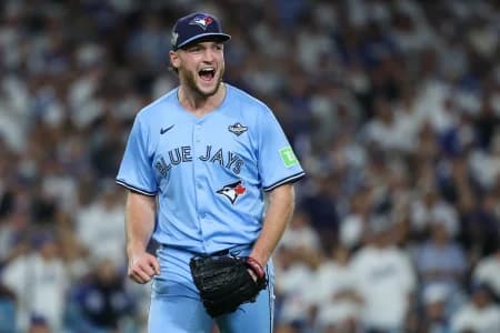 Toronto Blue Jays pitcher Trey Yesavage (39) celebrates after a double play during the seventh inning against the Los Angeles Dodgers during game five of the 2025 MLB World Series at Dodger Stadium.