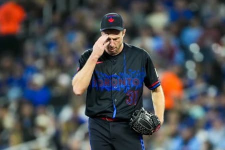 Toronto Blue Jays pitcher Max Scherzer (31) touches his head during the first inning against the Cleveland Guardians at Rogers Centre.
