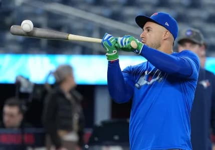 Toronto Blue Jays right fielder George Springer (4) gets ready for batting practice before a game against the Cleveland Guardians at Rogers Centre.