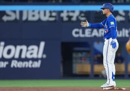 Toronto Blue Jays second baseman Andres Gimenez (0) celebrates hitting a two run double against the Cleveland Guardians during the sixth inning at Rogers Centre.