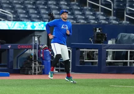 Toronto Blue Jays designated hitter George Springer (4) works out during batting practice before a game against the Boston Red Sox at Rogers Centre.