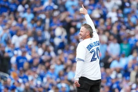 Former Toronto Blue Jays Josh Donaldson throws the first pitch before the game between the Toronto Blue Jays and Seattle Mariners during game two of the ALCS round for the 2025 MLB playoffs at Rogers Centre.