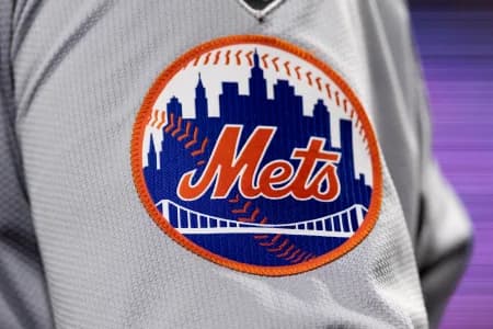 New York Mets logo on the sleeve of J.D. Martinez during a game against the Philadelphia Phillies at Citizens Bank Park.