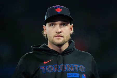 Toronto Blue Jays pitcher Trey Yesavage (39) looks on before playing the Cleveland Guardians at Rogers Centre.