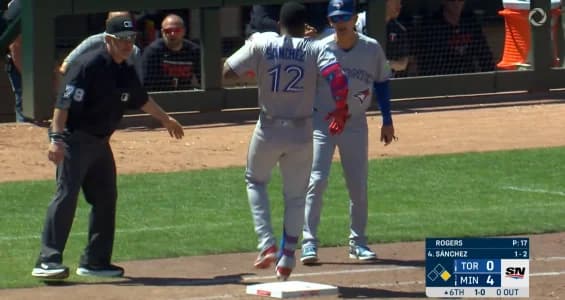 Jesus Sanchez injures himself rounding first base against the Twins