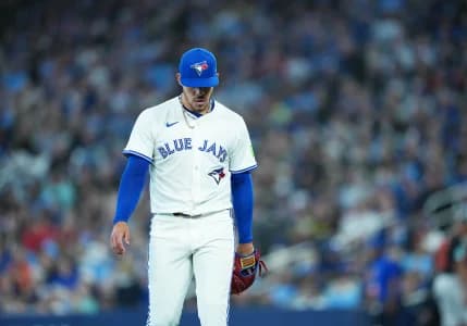 Toronto Blue Jays starting pitcher Jose Berrios (17) walks towards the dugout against the Baltimore Orioles during the second inning at Rogers Centre.