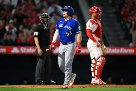 Toronto Blue Jays catcher Tyler Heineman (55) looks on after striking out during the fifth inning against the Los Angeles Angels at Angel Stadium.