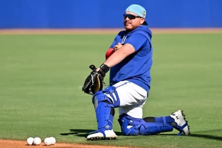 Toronto Blue Jays catcher Alejandro Kirk (30) waits for a drill to start during spring training at Bobby Mattick Training Center at Englebert Complex.