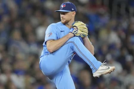 Toronto Blue Jays starting pitcher Eric Lauer (56) pitches to the Boston Red Sox during the fourth inning at Rogers Centre.