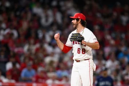 Los Angeles Angels pitcher Jordan Romano (68) gestures during the ninth inning against the Seattle Mariners at Angel Stadium.