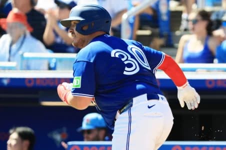 Toronto Blue Jays catcher Alejandro Kirk (30) singles during the first inning against the Philadelphia Phillies at TD Ballpark.